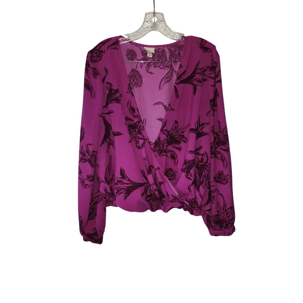 A New Day Navy Purple Floral Crossover Wrap Blouse Size XL